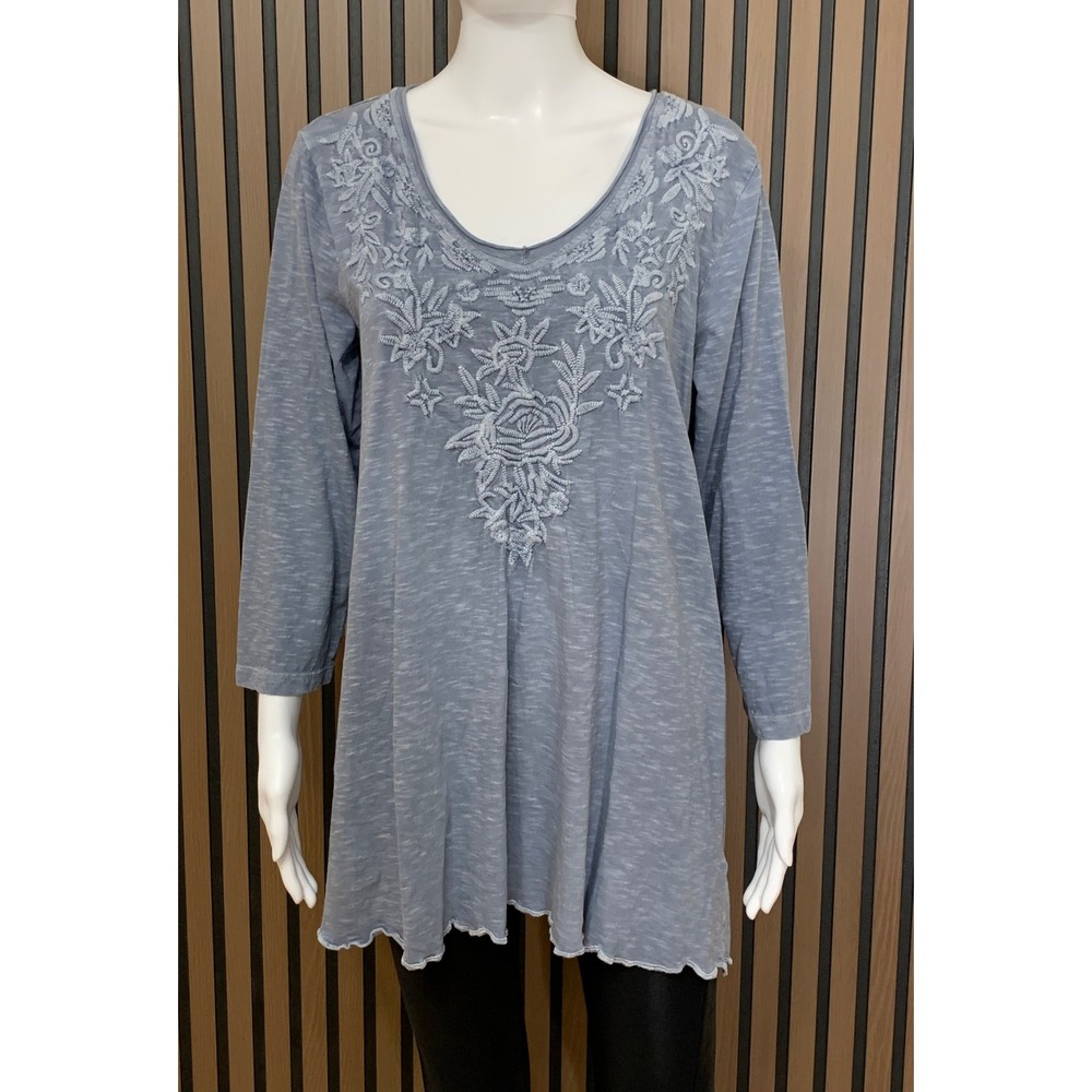 Karyn Seo Women's XL Gray Cotton Slub Embroidered V-Neck Tunic Lagenlook Top